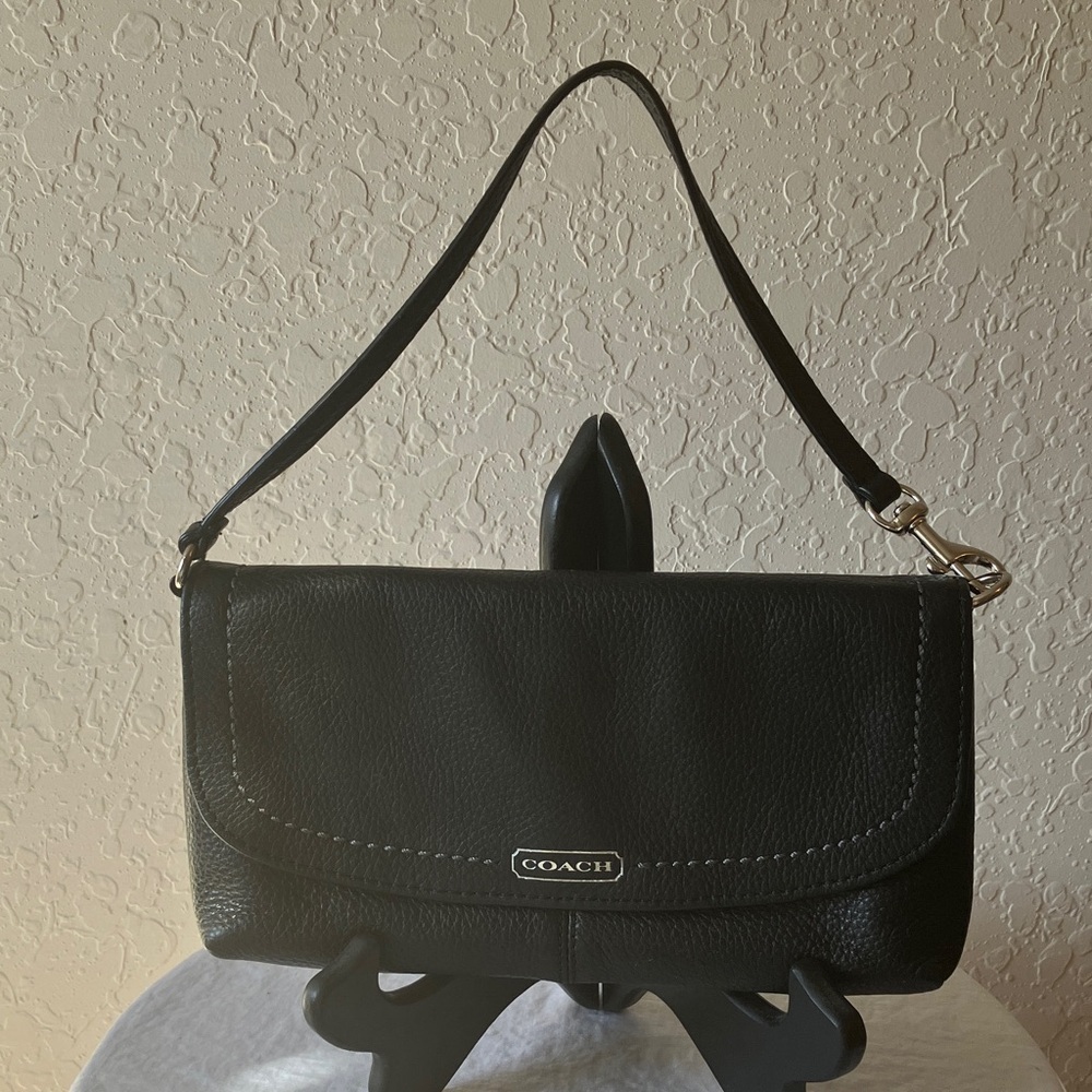 Coach: Black Pebbled Leather Clutch Wristlet- Silver Tone